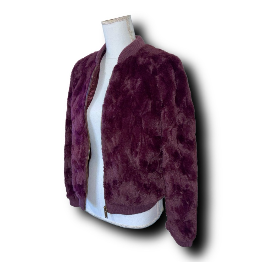 Chaser Plush Faux Fur Bomber Jacket in Plum Cozy Fall Jewel Tone Vibes